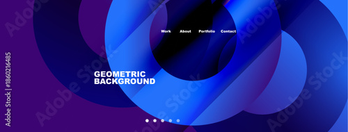 Abstract geometric background. Blue, purple hues dominate design. Navigation options present work, about, portfolio, contact. Minimalist aesthetic.