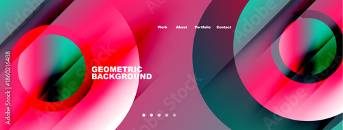 Abstract fluid shapes, vibrant colors, geometric design. Modern presentation with navigation elements, pink, teal hues dominate.