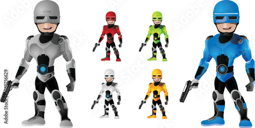 Six futuristic cyborg characters in colorful suits holding guns
