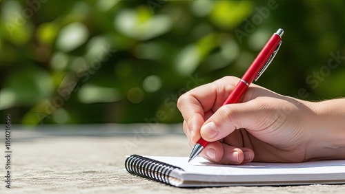 Hand writing in a notebook with a red pen outdoors.