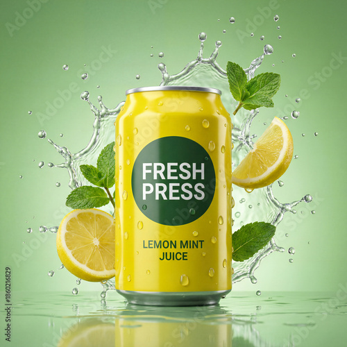 A vibrant yellow can of lemon mint juice with splashing water and fruit