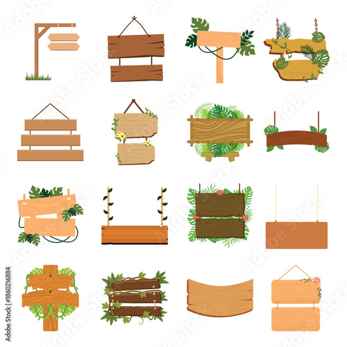 Wooden Signboard with Tropical Leaves Collection. Vector Empty Jungle Wood Signs and Billboards for Summer Game UI.
