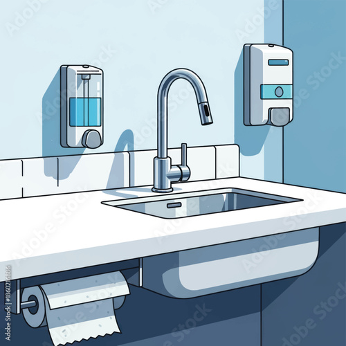Bright blue bathroom sink area featuring dual wall soap dispensers, chrome faucet, and paper towel roll.