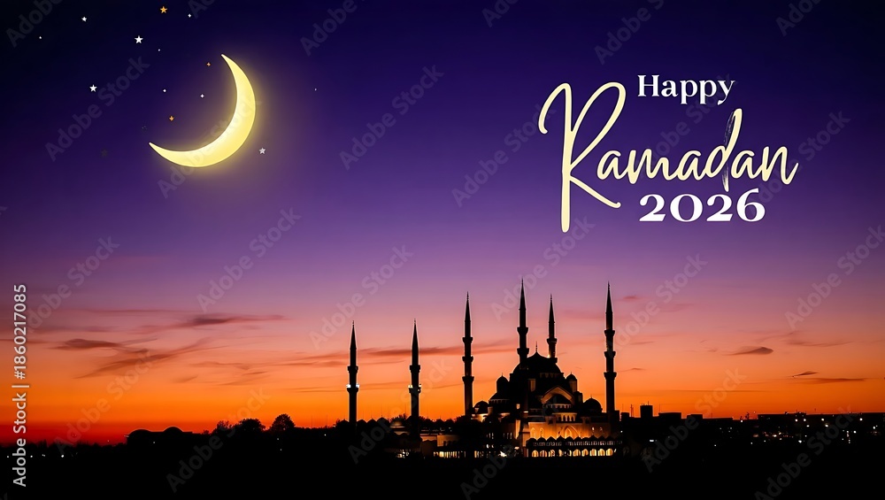 Obraz premium Ramadan Kareem festive background 2026 featuring glowing hanging lanterns and crescent moon, perfect for Islamic celebrations, Eid greetings, spiritual events, holiday designs, wallpapers, cards.
