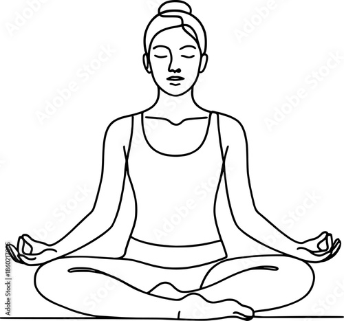 Minimalist line art of a woman meditating in lotus pose with eyes closed