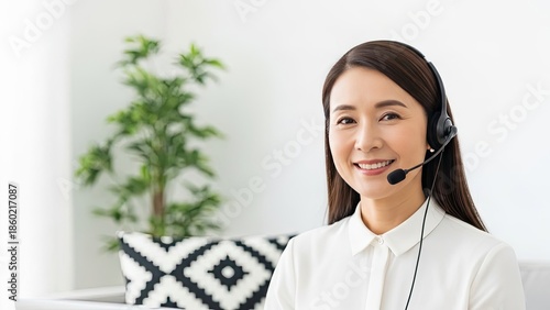 Smiling Asian woman wearing a headset for customer service or online communication.