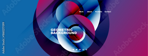 Abstract geometric design. Vibrant blue, purple hues dominate. Website header includes navigation work, about, portfolio, contact. Modern aesthetic.