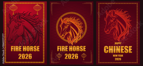 Template set of fire horse  New year 2026. 3 template vector design with fire horse theme for 2026. Wallpaper, greeting card, print, and template vector.