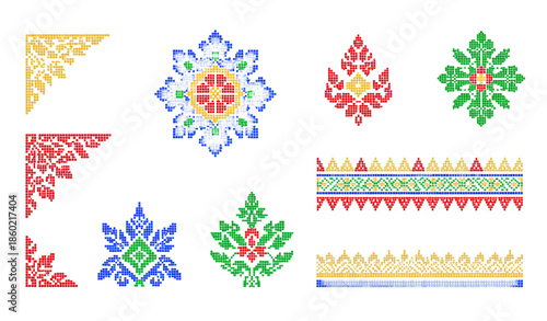 Thai pixel ornament vector set with geometric traditional patterns isolated on white background