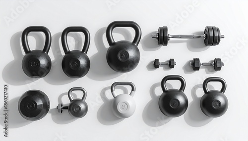 A collection of various weightlifting equipment, including dumbbells and kettlebells, arranged on a clean white background