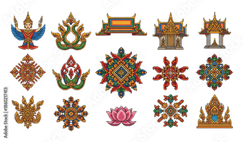 Traditional Thai pixel ornament vector collection with square geometric motifs isolated on white background