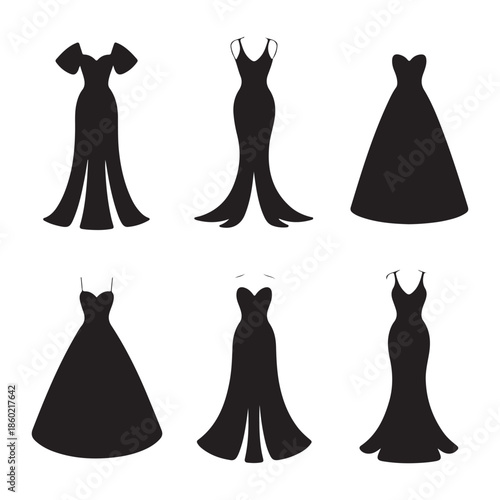 Women Party Dress Silhouette Black Vector Set