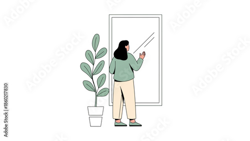 Minimalist Illustration of a Woman Looking into a Full-Length Mirror in a Modern Interior