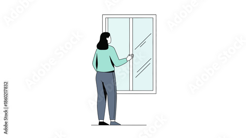Minimalist Illustration of a Woman Opening a Glass Window in a Modern Indoor Setting