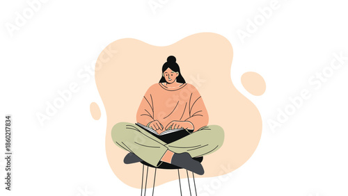 Minimalist Illustration of a Woman Sitting Cross-Legged and Reading a Book