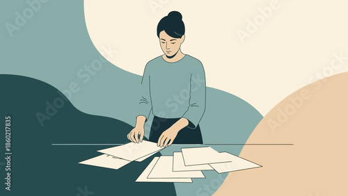 Minimalist Illustration of a Woman Sorting Papers at Desk with Calm Colors