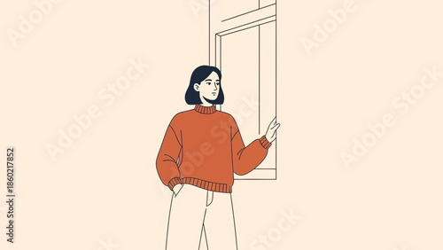 Minimalist Illustration of a Woman Sitting by an Open Window in Cozy Indoor Setting