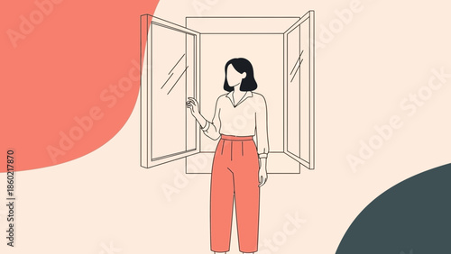 Minimalist illustration of a woman standing at an open window with a modern, clean design