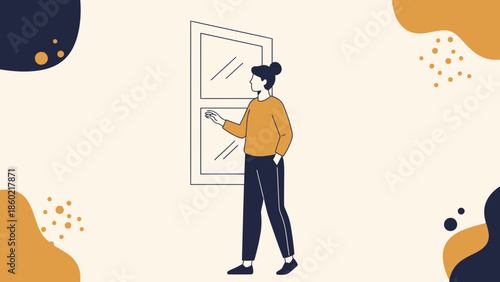 Minimalist Illustration of a Woman Standing and Looking Out a Window in a Cozy Home Setting