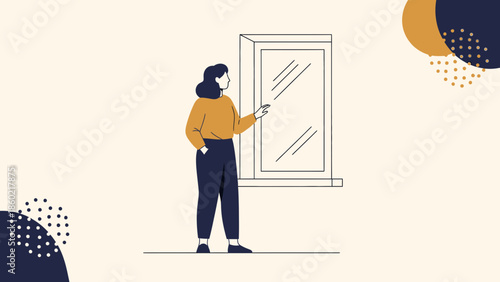 Minimalist Illustration of a Woman Standing and Looking Out a Window in a Modern Interior Scene