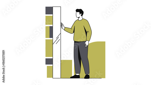 Modern illustration of a man interacting with a tall cabinet or storage unit in a minimalistic