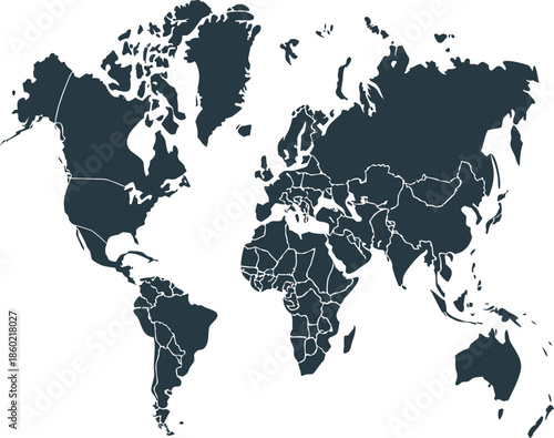 world map with country borders in dark and white global geography layout
