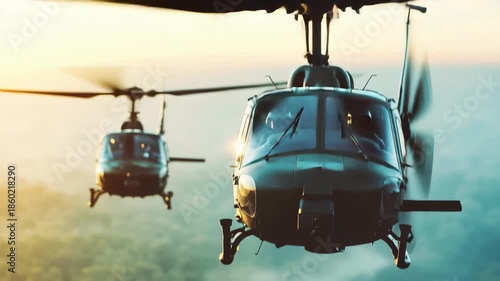 Closeup view of two small military helicopters flying over a forest landscape during sunset, A close-up view of two small military helicopters flying in formation- seamless ing