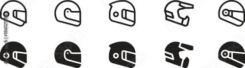 Collection of Different Motorcycle Helmet Silhouette Vector Icons for Rider Safety and Protection on the Road and Motorbike Races With Sport Equipment