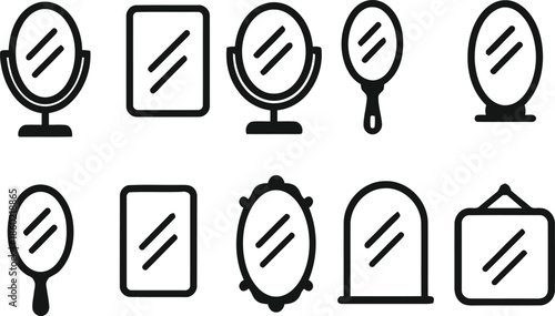 Collection of Different Mirror Icons for Personal Grooming and Interior Decoration in Vector Style Totaling Exactly 200 Characters for Microstock Use Mirror Icons Set