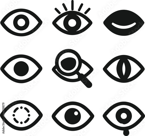 Collection of Eye Icons in Black and White Various Styles Including Open Eyes Closed Eyes and Eyes With Lashes and Magnifying Glass Which Adds Unique Touch to Any Project