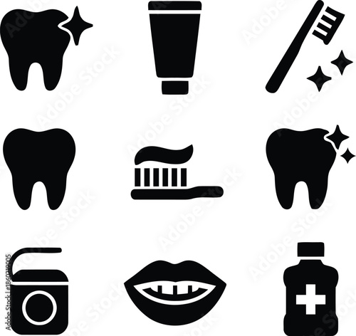 Dental hygiene and oral care essentials vector set for healthy teeth smiling mouth dentist toothpaste toothbrush mouthwash and floss isolated on transparent background