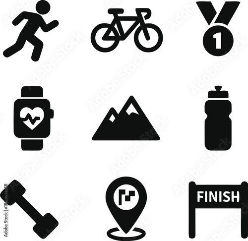 Fitness and sports activity vector set featuring running bicycle medal smartwatch mountains water bottle dumbbell location pin finish isolated on transparent backdrop