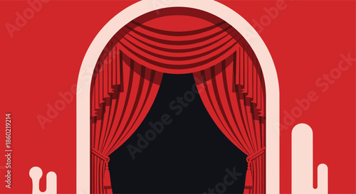 Classic red theater curtains draped in a high archway against a black background for performing arts presentations.