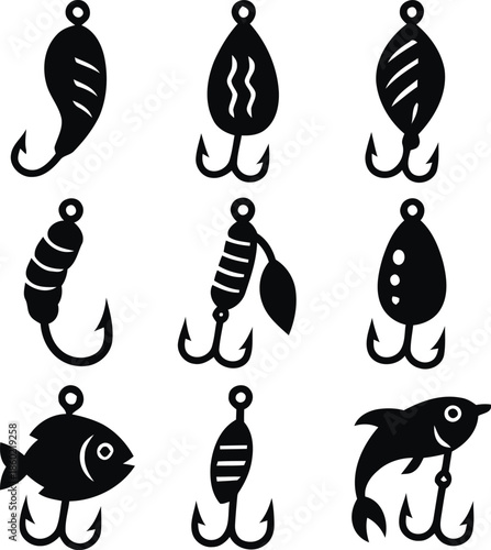 Set of fishing lures vector illustration of hooks spinner spoon bait artificial tackle equipment angling sport fish hobby isolated on transparent background