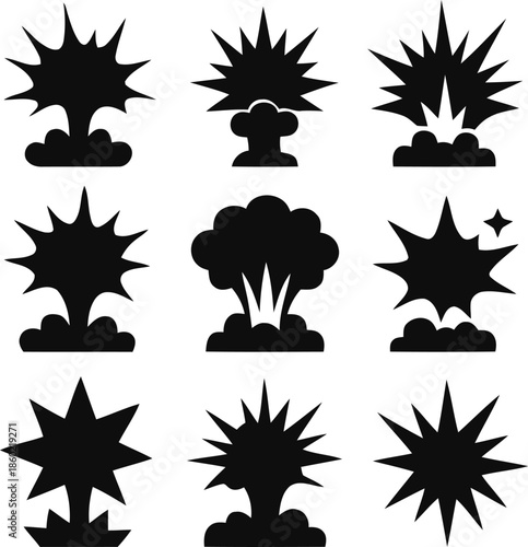 Set of explosion vector illustration of mushroom cloud bomb blast atomic reaction nuclear power detonate danger flame fire fireball burst isolated on transparent background