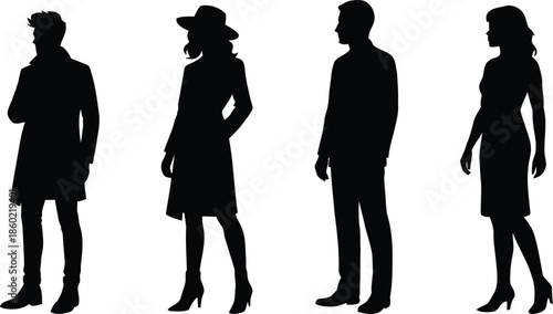 Silhouette Set of People Man and Woman Fashionable Outfit Elegant Style Standing Isolated on Transparent Background for Design Template Vector Illustration
