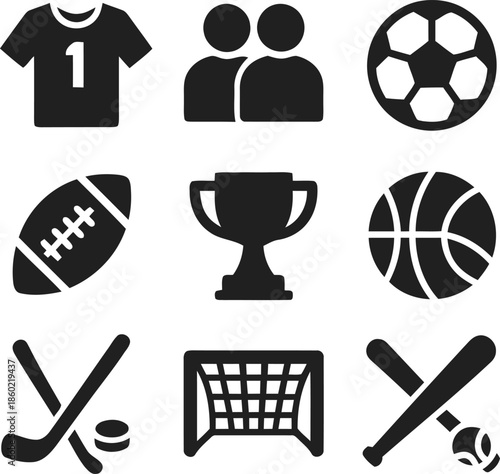 Sport Icons set of vector silhouettes related to athletic games and fitness equipment on transparent background for infographic and graphic design