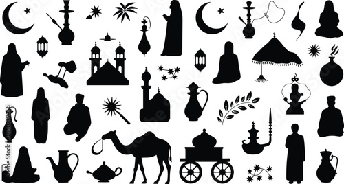 Arabian and Islamic cultural silhouettes set featuring Ramadan symbols, mosque, lanterns, camel, prayer figures, and traditional Middle Eastern elements