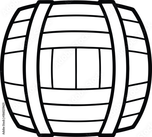 Beer barrel line art with metal bands on white background