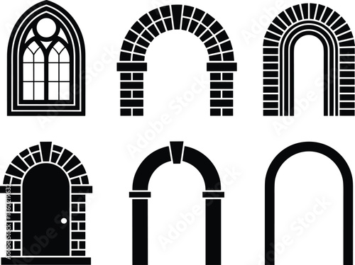 Architectural arches and arched windows silhouettes collection featuring stone, brick and gothic doorway elements in clean black vector illustration