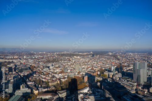 Aerial view from viewing platform of Main Tower platform with skyline and blue sky background on a sunny autumn day. Photo taken November 22nd, 2025, Frankfurt am Main, Germany.