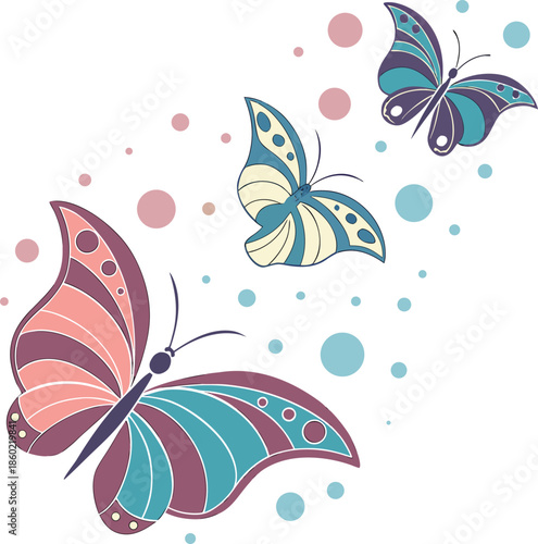 colorful butterfly trio with pastel dots in graceful flight on vibrant artistic layout
