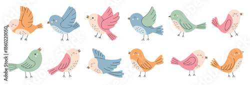 twelve adorable cartoon birds in various poses and colors