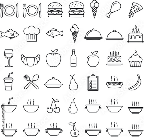 Title: Large collection of black line icons for restaurant menu catering service food delivery and cafe branding featuring fast food healthy fruits desserts and kitchen equipment