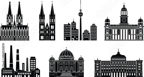 Black architectural landmarks silhouettes set featuring cathedrals, churches, factories and city skylines in clean vector illustration style icons