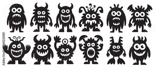 twelve black silhouette monsters cartoon characters set
