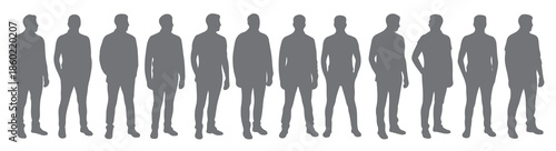  twelve gray male silhouettes standing full body poses 