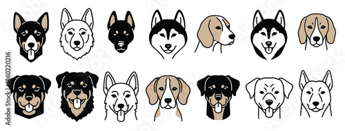 various dog breeds headshots collection with black white
