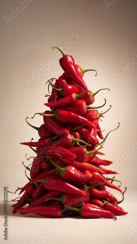Red bell peppers and chili peppers, sweet in a hill, a triangle that resembles a Christmas tree. Vegetables in a healthy diet.