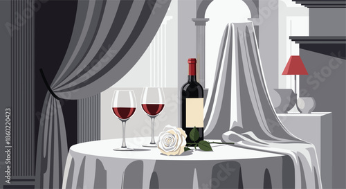 Sophisticated dinner setting featuring a bottle of red wine, two glasses, and a single white rose on a draped table.